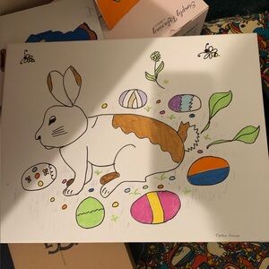 Rabbit with beautiful Easter eggs around it. Hand made draw 16X 20 canvas Broad